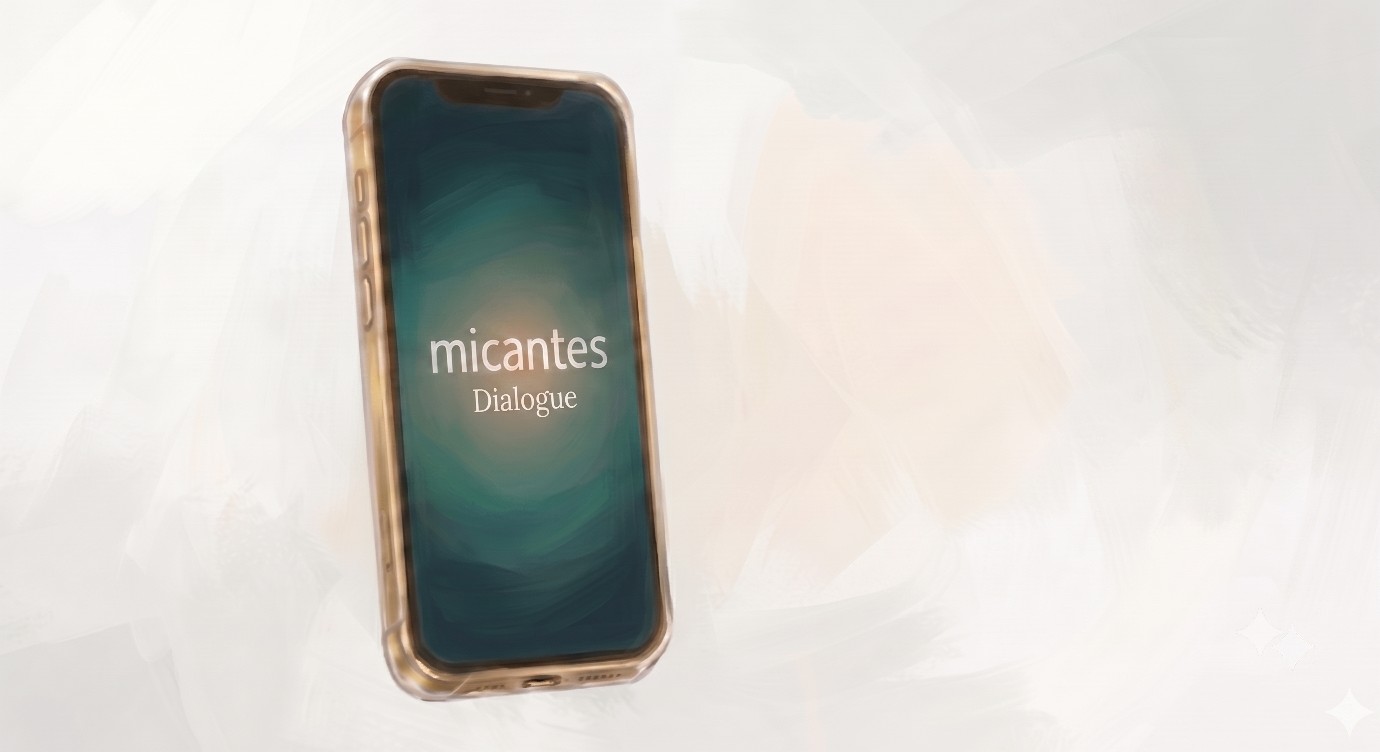 A phone resting on a pale surface, its screen showing the micantes Dialogue mark.