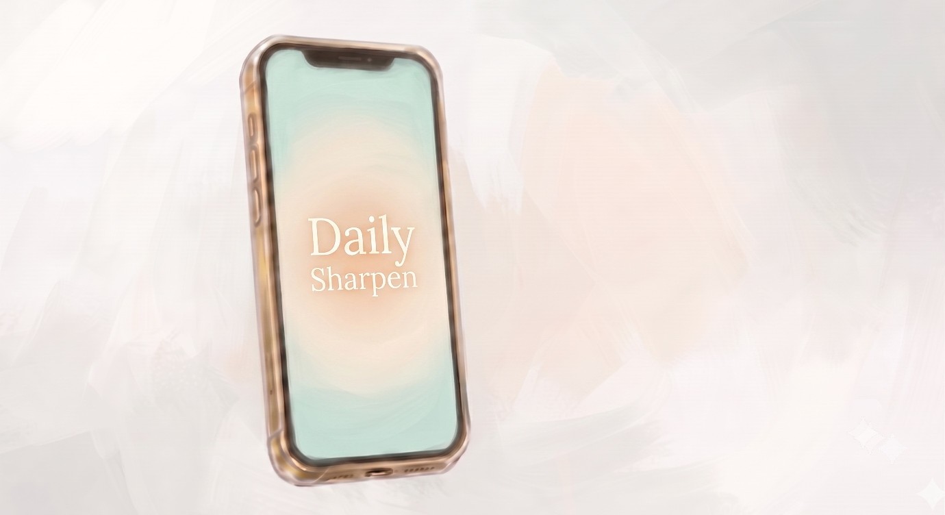 A phone resting on a pale surface, its screen showing the Daily Sharpen mark.