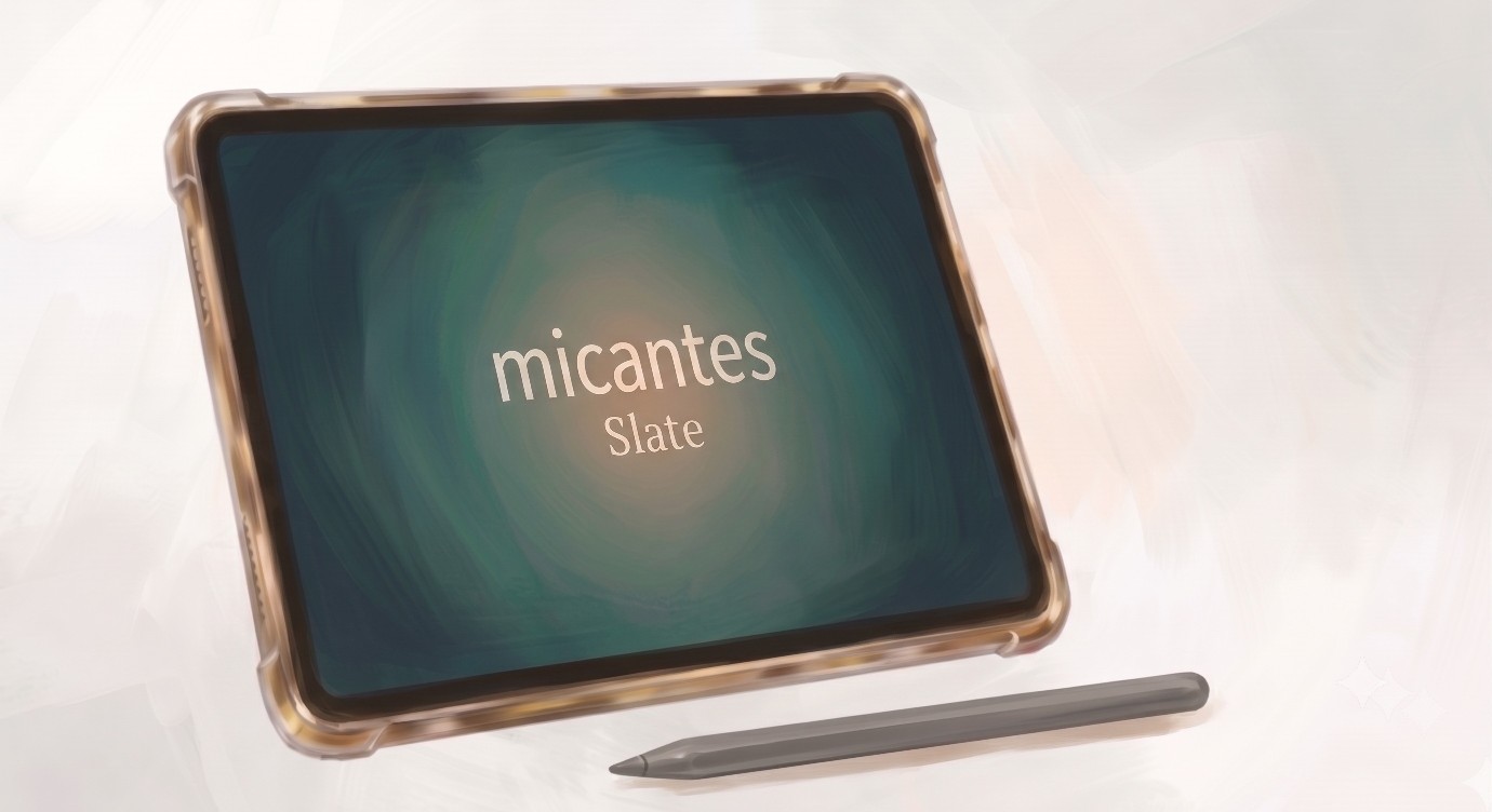 A tablet and stylus on a pale surface, the screen showing the micantes Slate mark.