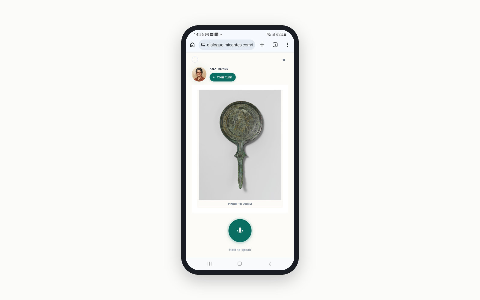 A Dialogue session on a phone, showing source material and the speak button.